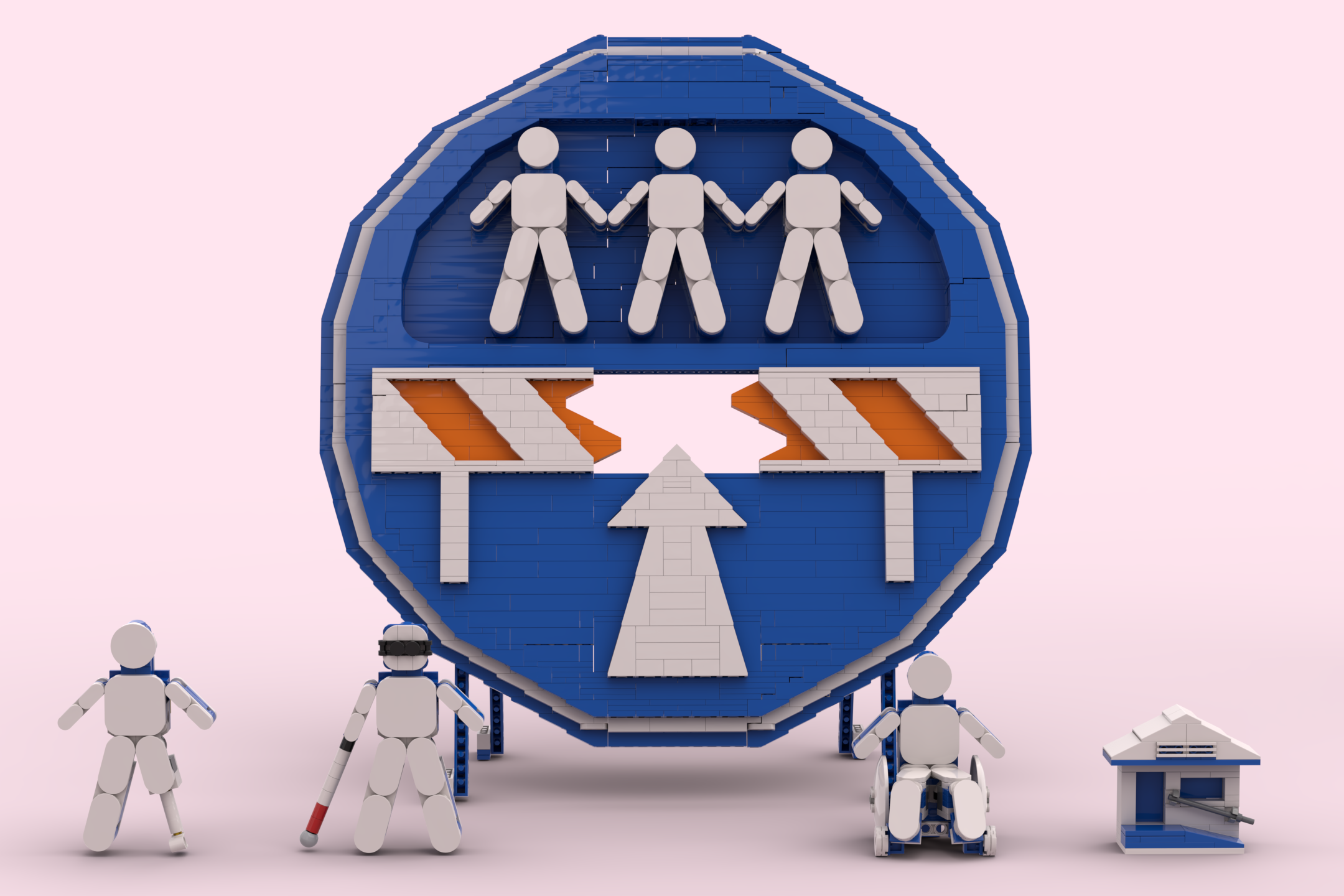 A 3-D version of the logo made with toy bricks